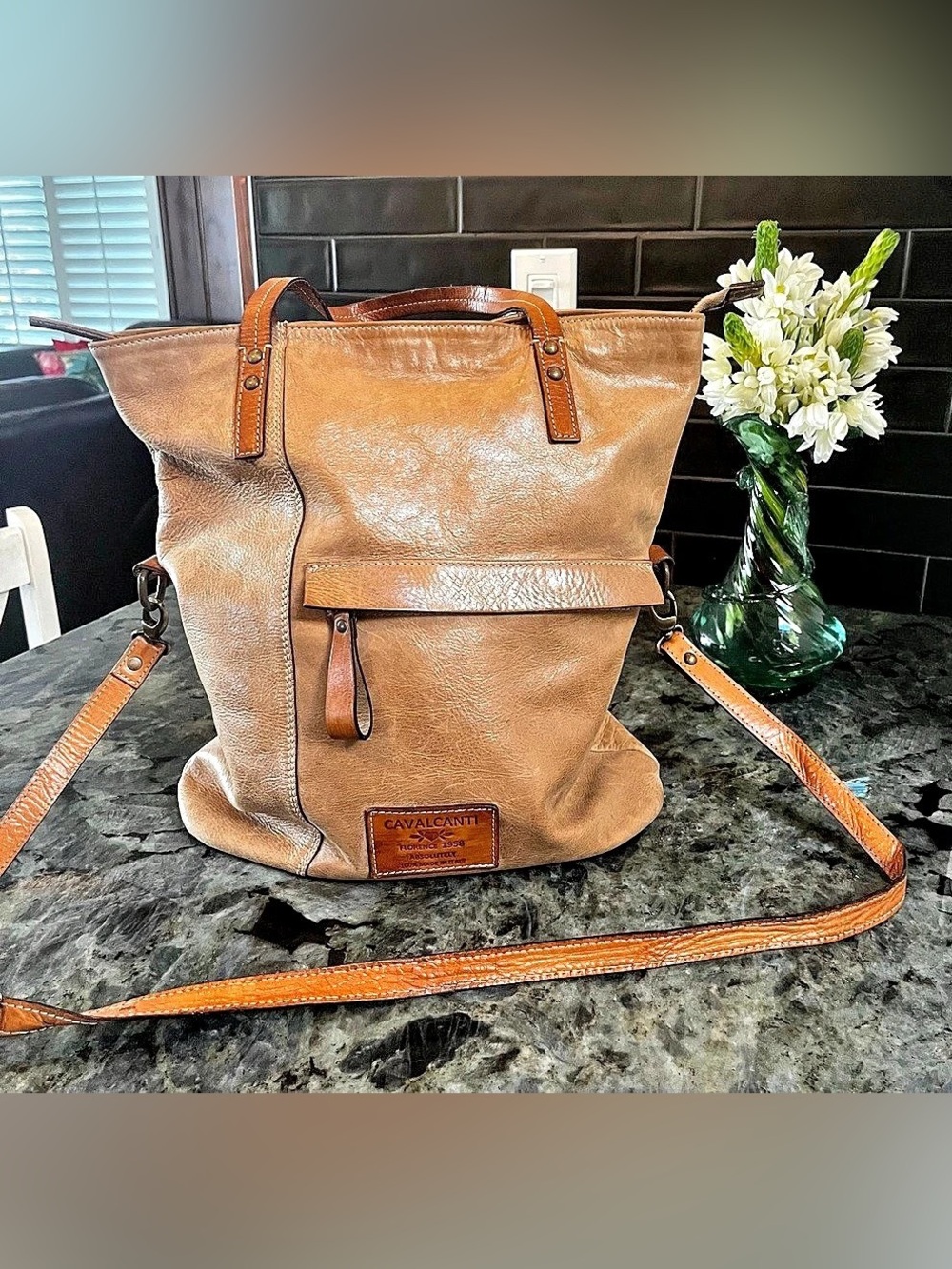 Cavalcanti Leather Tote in Brown & Tan with detachable Shoulder strap